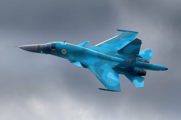 Bombardero azul en vuelo en el cielo gris