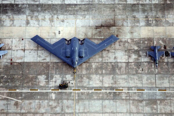 Fighters. View from above at the airfield