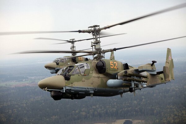 Ka-52 military helicopters flying over the forest