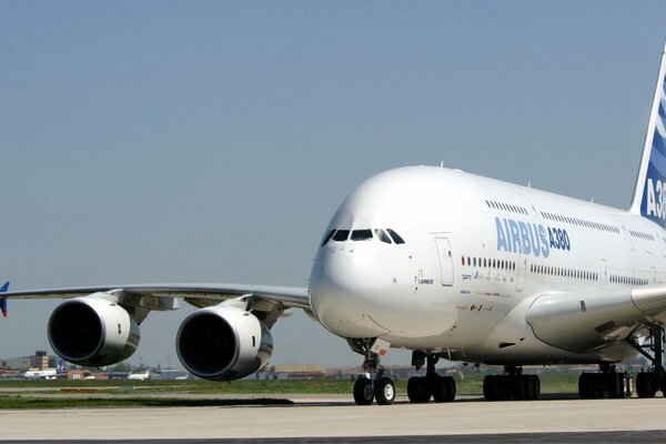 Giant aircraft Airbus A380 on the runway