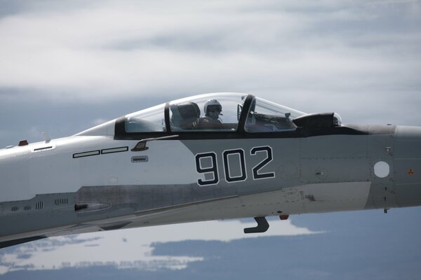 The cockpit of the Su-35 fighter at altitude