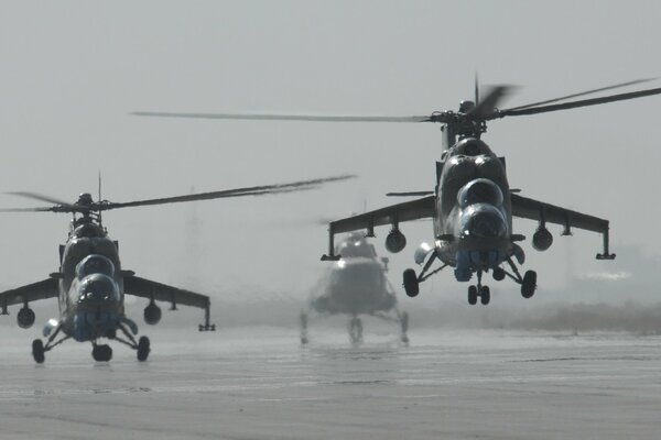 Mi 35 helicopter takes off from the airfield