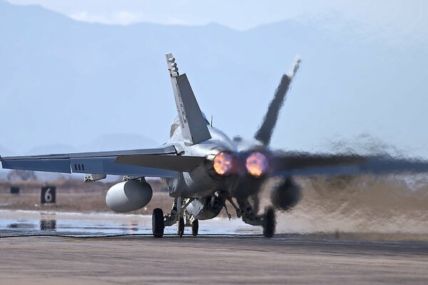 Un avión de combate en la pista . Vista posterior