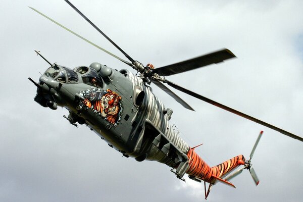 Helicóptero en color tigre con la imagen de un tigre en el cielo