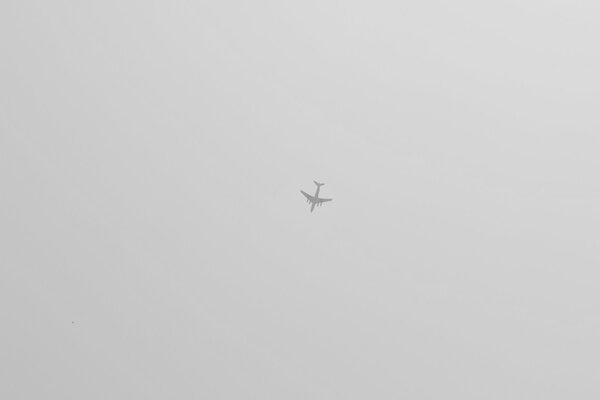 The plane is high in the gray sky