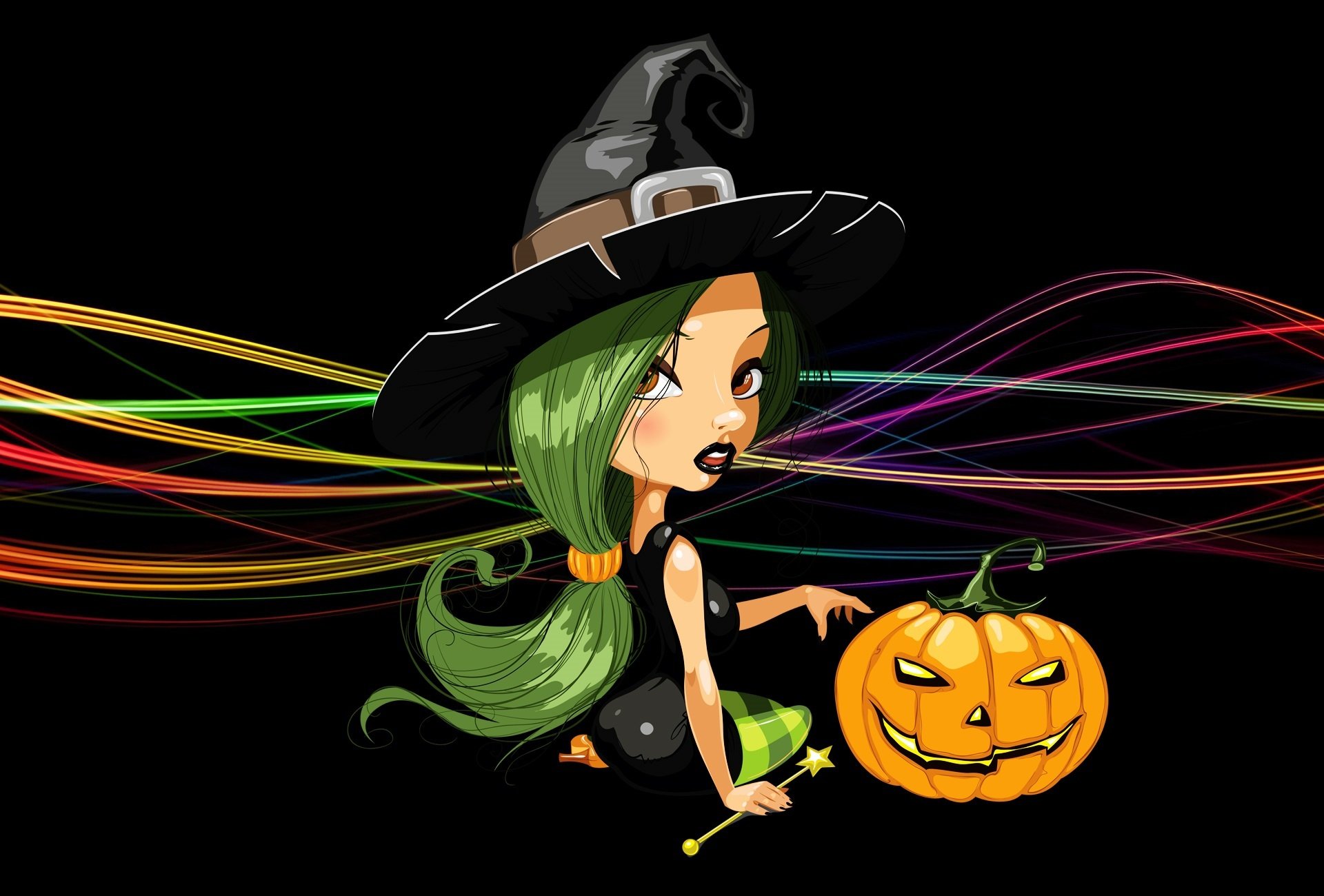 halloween heureux sorcière chapeau assis cheveux verts lignes citrouille lampe jack fond noir