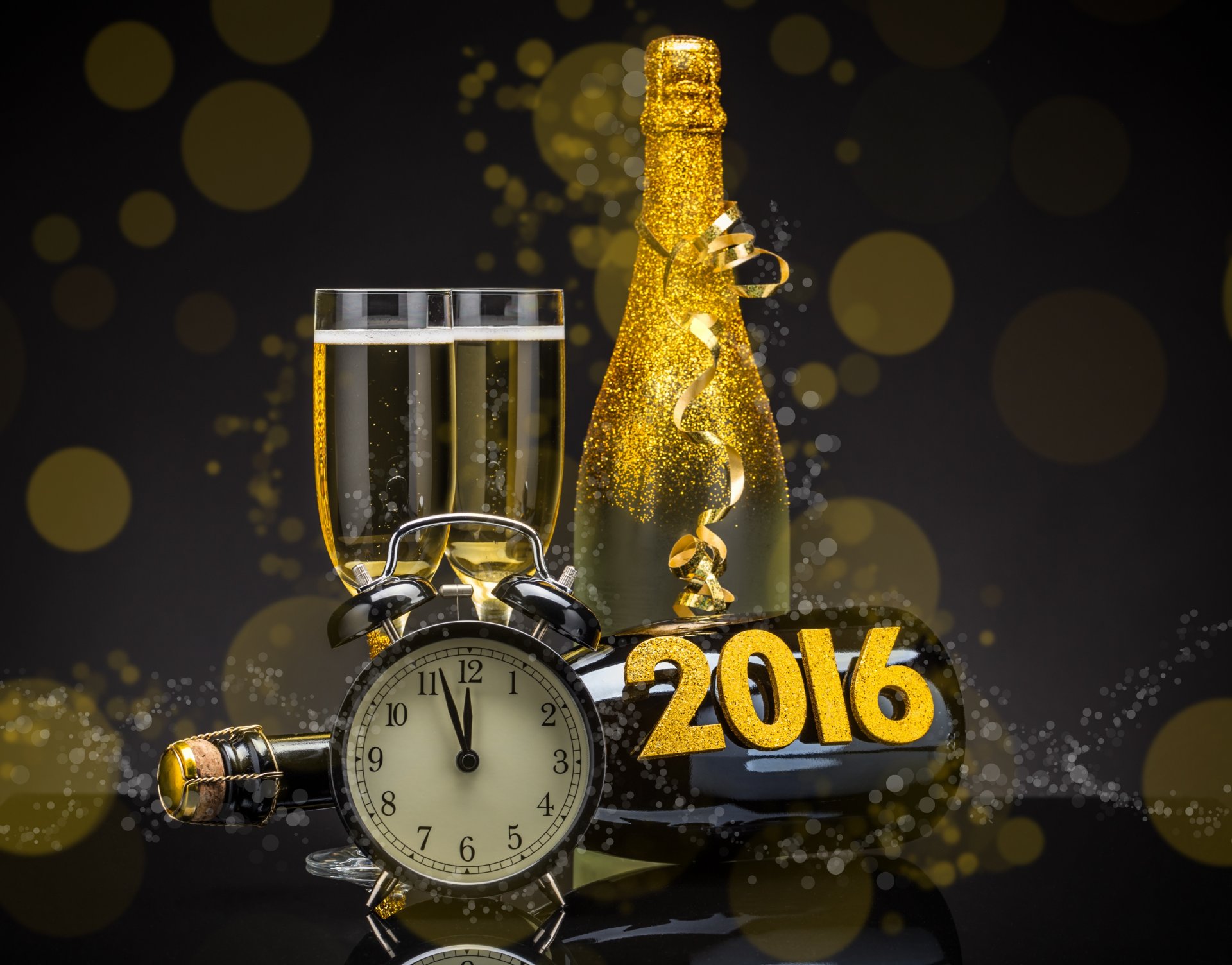 2016 felice anno nuovo oro champagne orologio bottiglia bicchieri