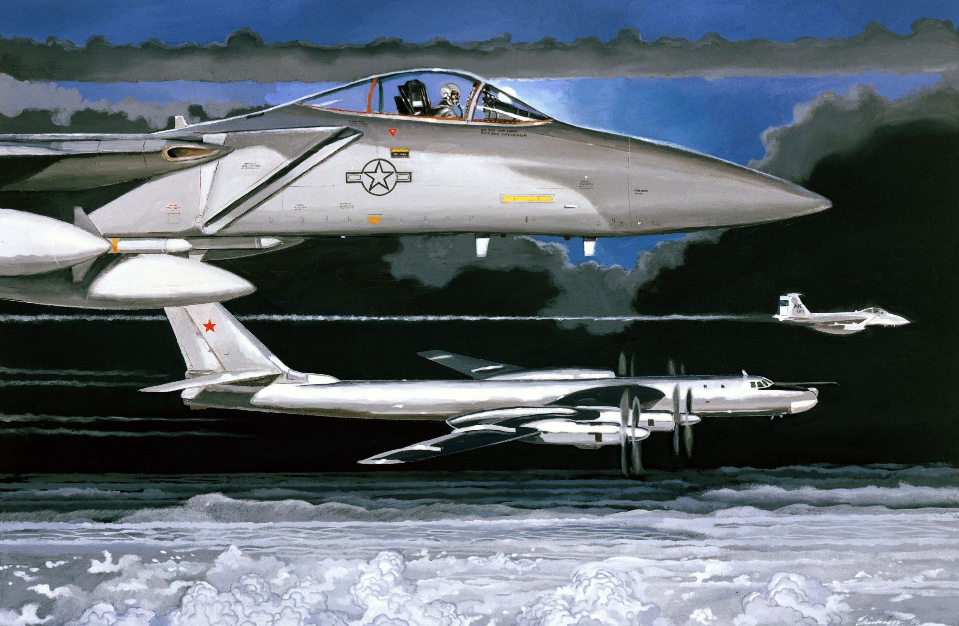 peinture dessin huile tu-95ms f-15 aigle