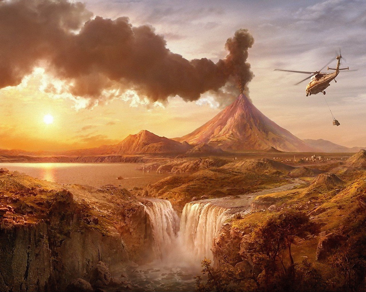 helicopters volcano waterfall