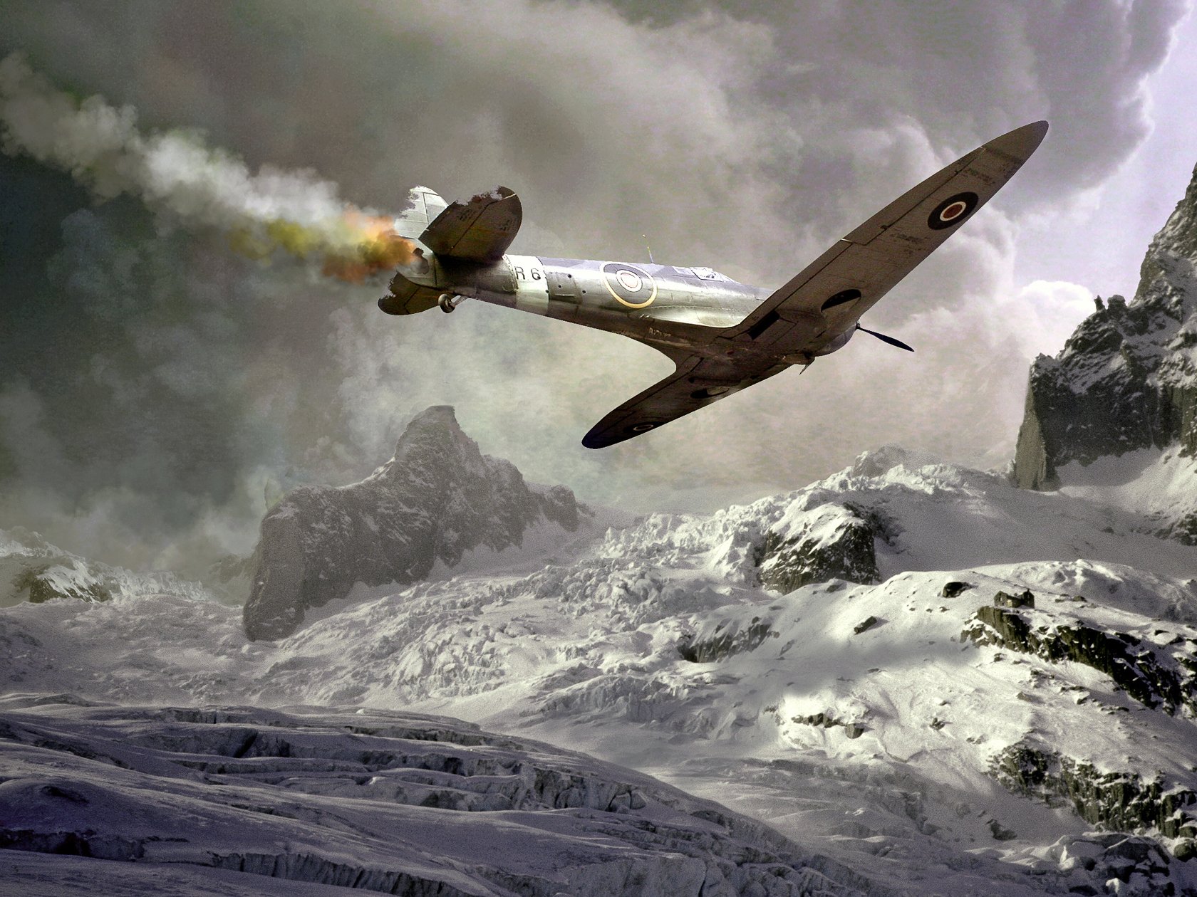 pitfire shot down spitfire plane smoke fall accident war mountains snow winter