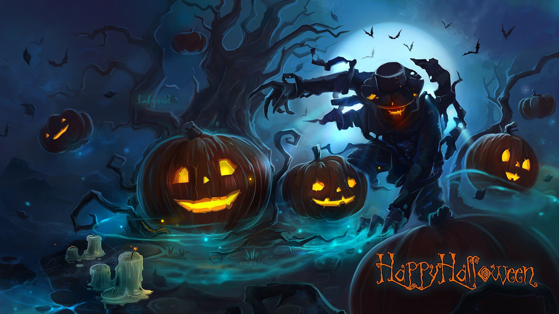 wallpapers from lolita777 halloween pumpkins monster evil evil night fire moon tree bats scary gloomy hands claws hat holiday