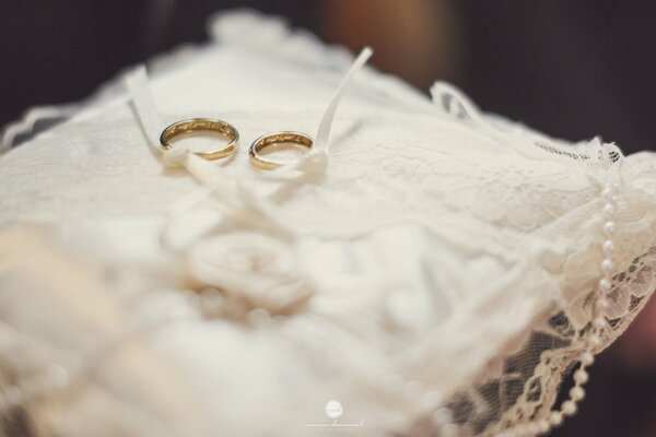 Rings on a pillow for a long-awaited wedding