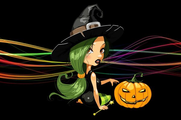 Witch in a hat with a pumpkin on a dark background