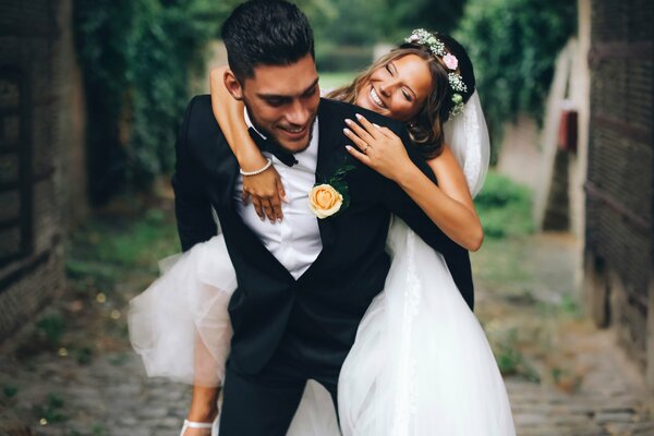 Happy bride and groom at the wedding