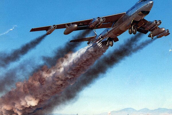 El despegue de un Boeing b-47b, seguido por un rastro negro