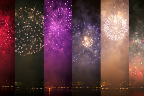 Fuegos artificiales nocturnos en diferentes colores