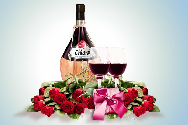 Rosas rojas y vinos para dos