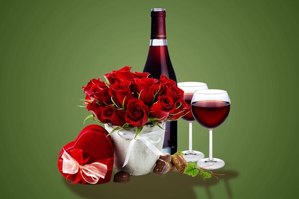 Cena romantica, vino, regalo in scatola