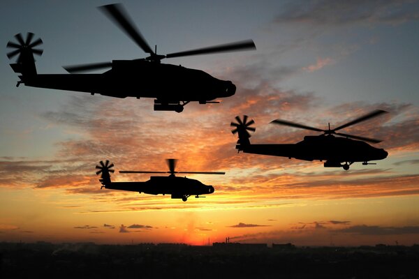 Helicópteros que vuelan al atardecer