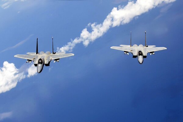 Patrol of two planes in the blue sky