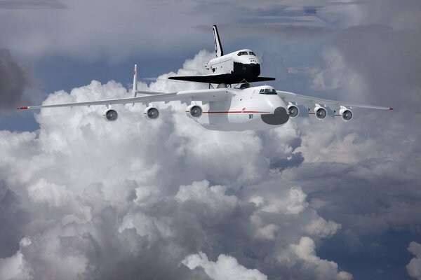 AN-225 Mriya transports a reusable Buran spacecraft in a swirling white cloud