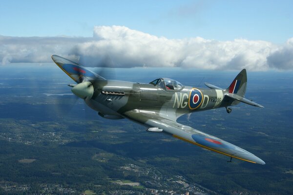 British fighter in flight over the ground