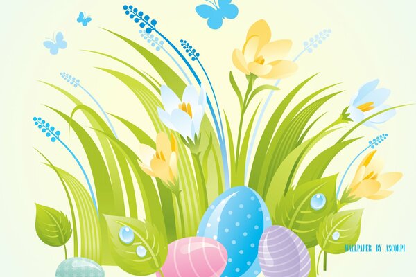 Spring greeting card with snowdrops and colorful Easter eggs