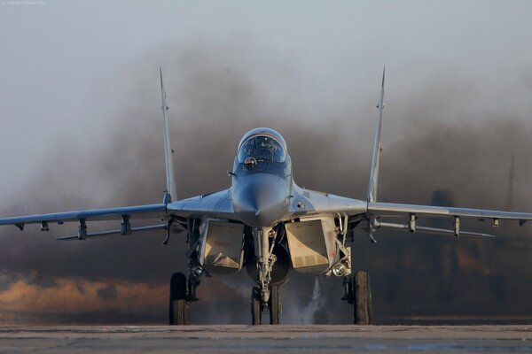 Mig-29 is preparing to take off at the airfield