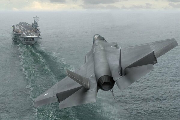 Das Bild des fliegenden Kampfflugzeugs hinter dem Schiff f -35a