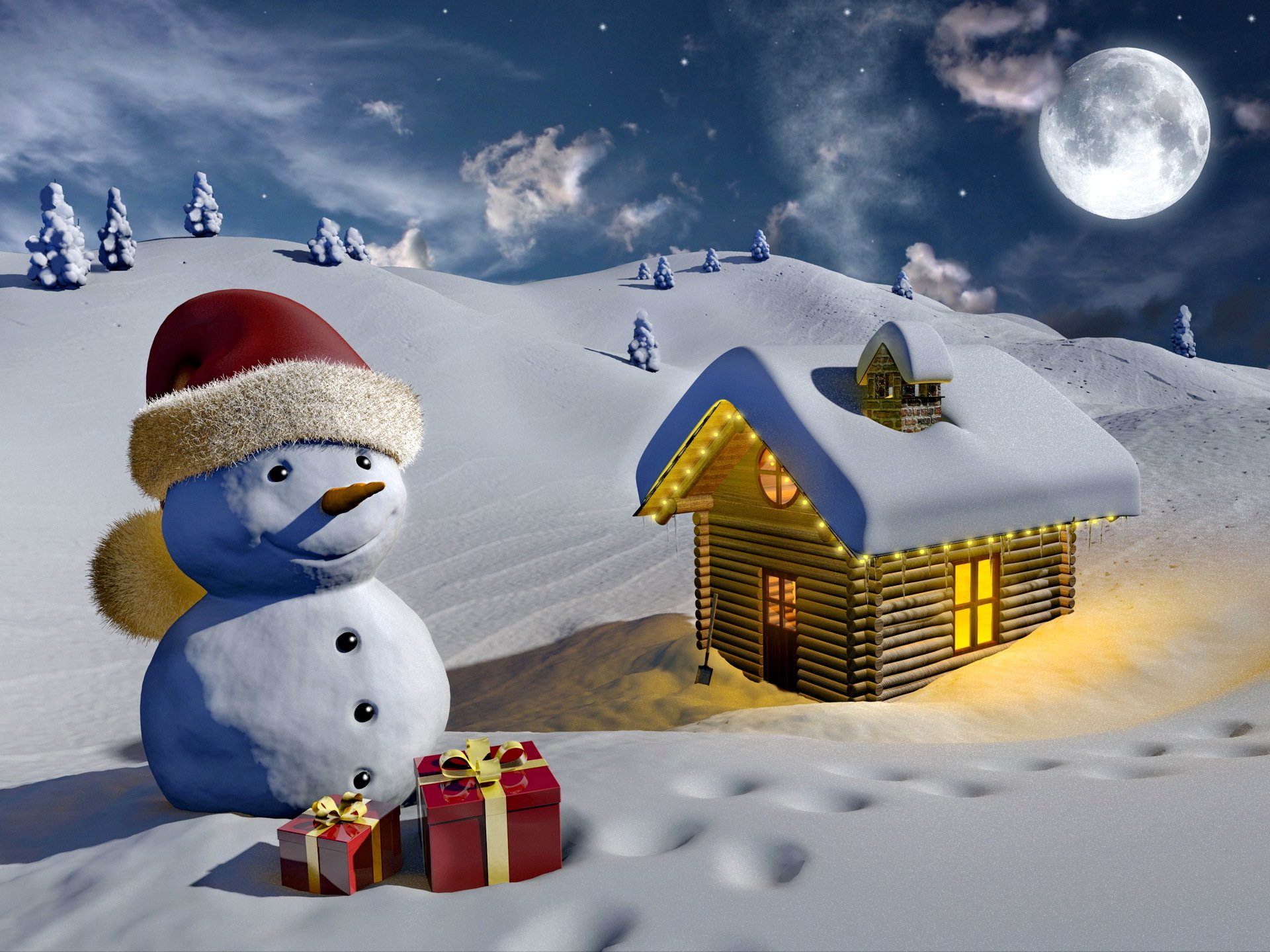 3d graphique bonhomme de neige hiver neige maison lumière lune cadeaux