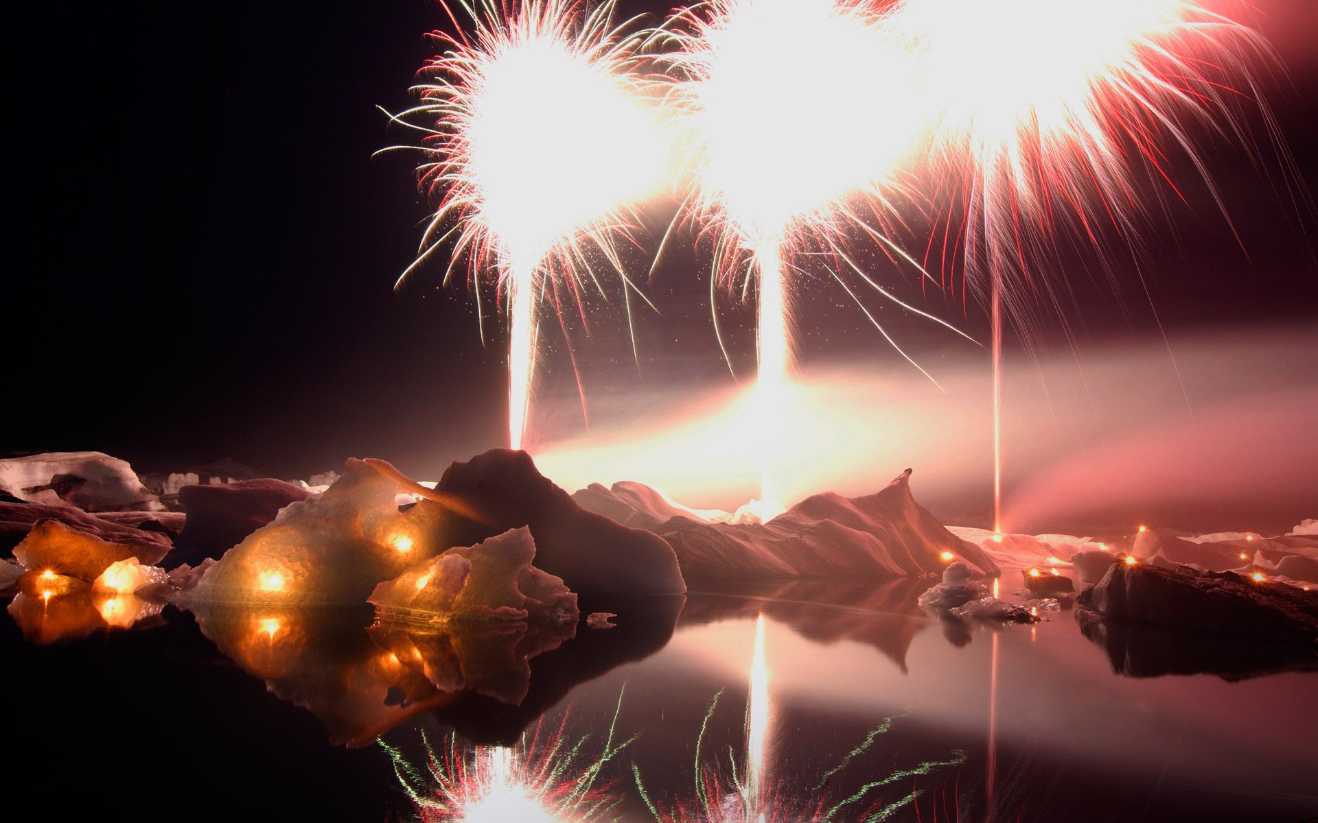 neujahr feuerwerk see yokülsadlon island nacht lichter