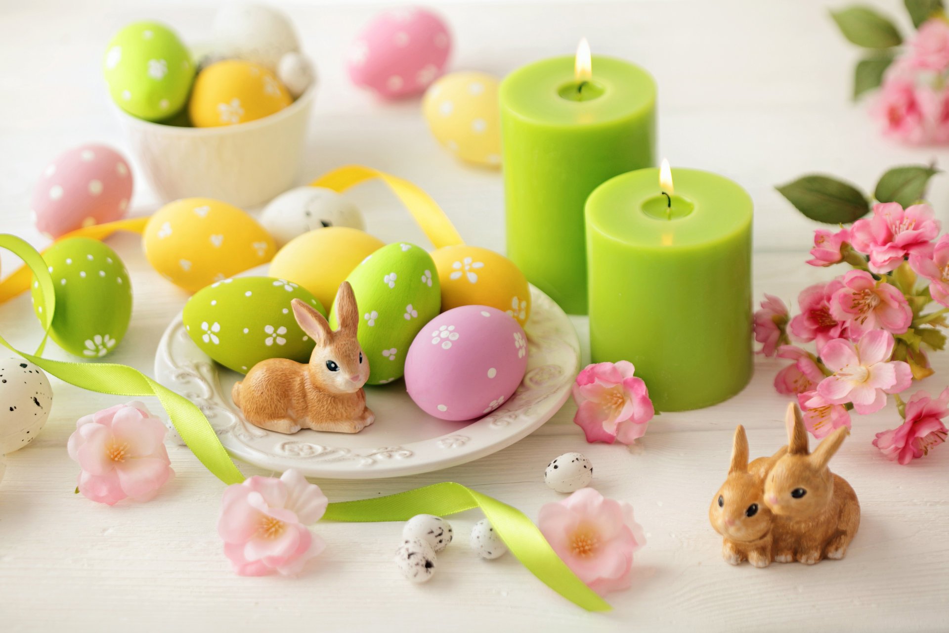 easter eggs flowers ribbons rabbits candle