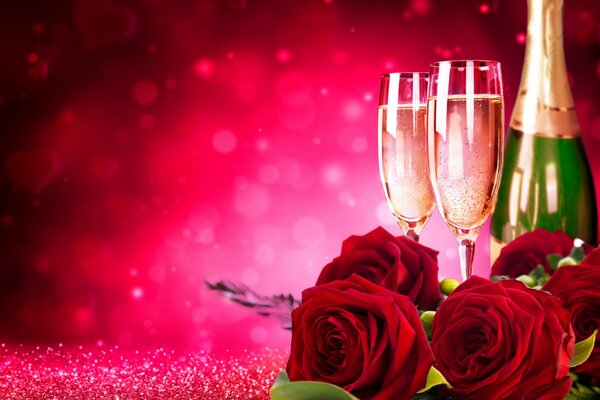 Bouquet di rose rosse con champagne