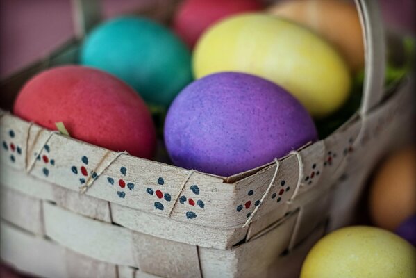 Oeufs multicolores dans un panier tribal