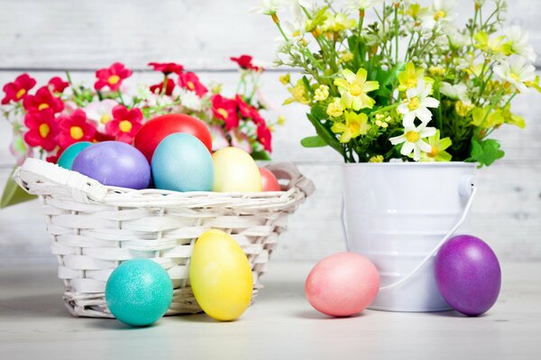 Colorful Easter eggs and flowers