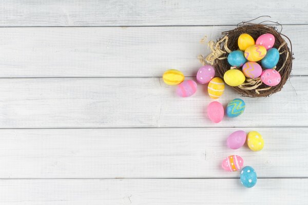 Colorful Easter eggs in a basket