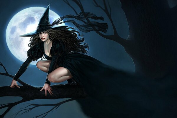 Beautiful witch in black on a broom under the moon