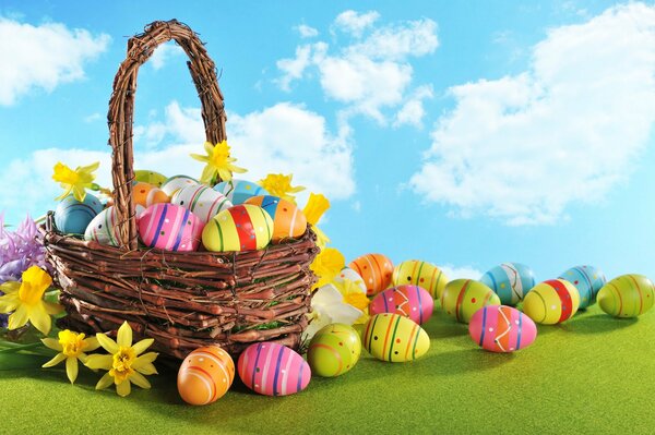 Basket with eggs on the sky background