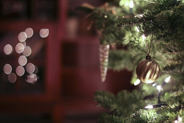 A toy cone on the branch of the Christmas tree