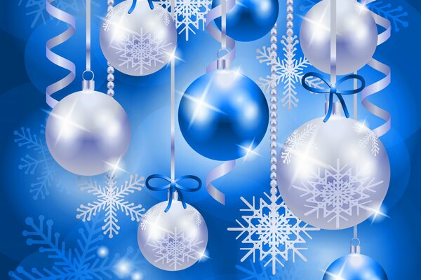 Blue and silver balls on a blue background with snowflakes