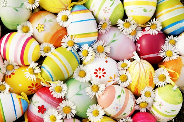 Colorful Easter eggs among daisies