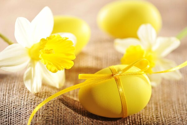 Yellow egg and yellow daffodils on the cloth. Spring. Easter