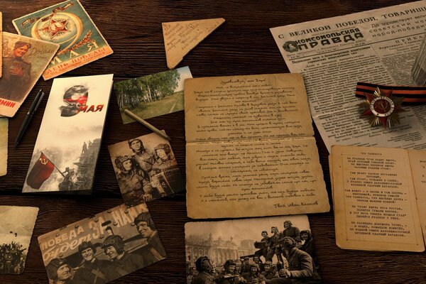 Vintage military letters and photographs on the table