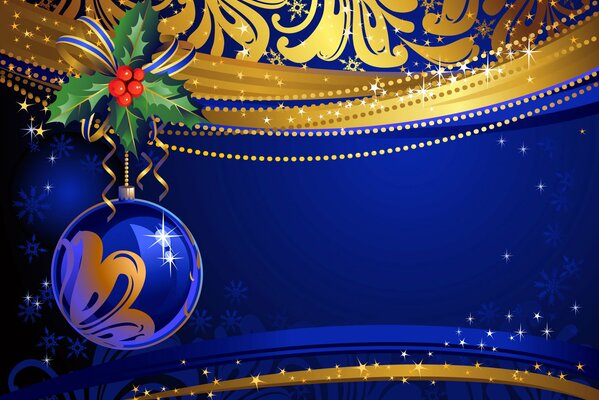 Blue and gold New Year s ball and holly branch on a blue background