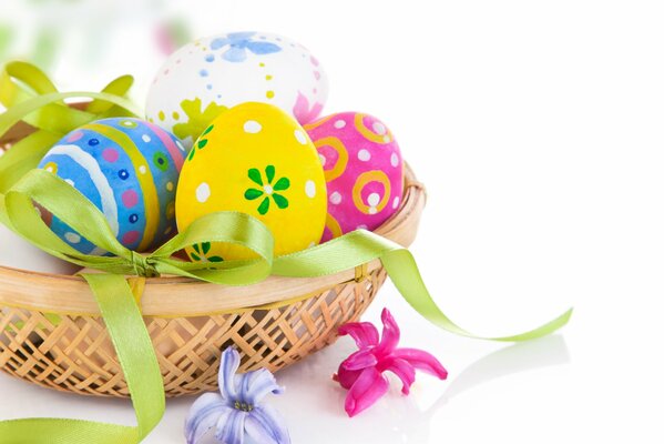 Easter eggs in a basket with a ribbon