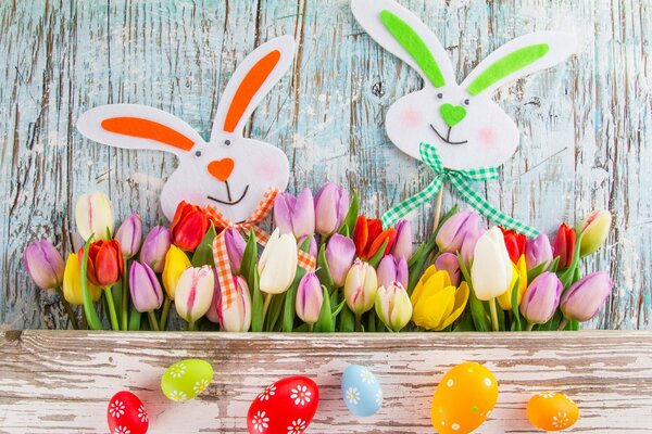 Beautiful eggs with the image of hares for Easter