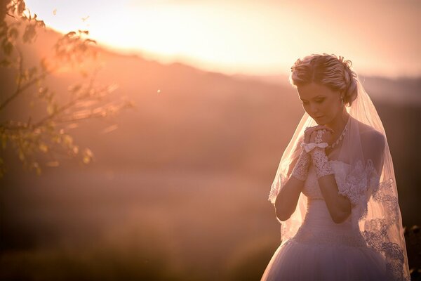 A bride in a veil on the background of a sunset