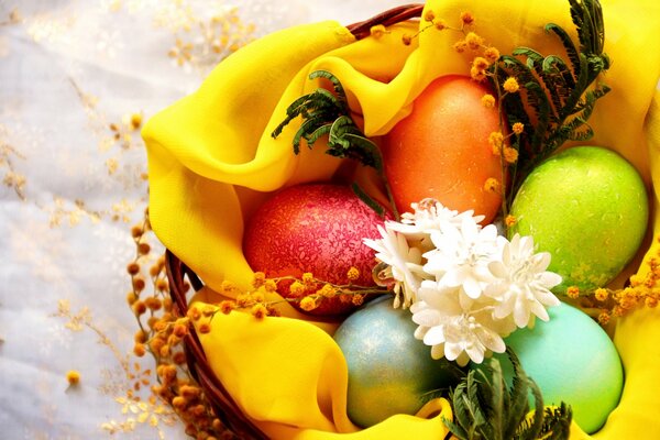 Easter basket with beautiful eggs and flowers