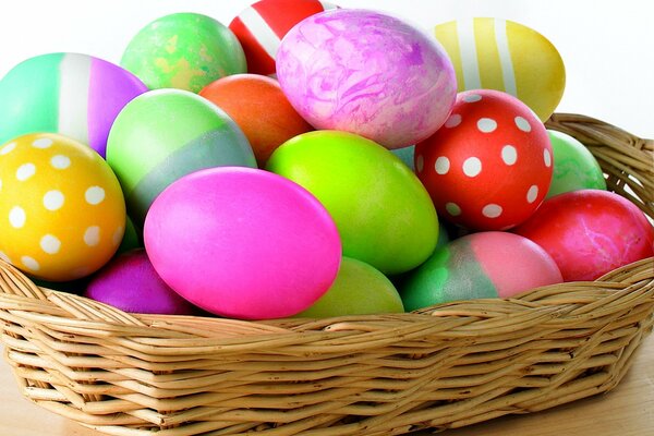 Easter eggs with patterns in the basket