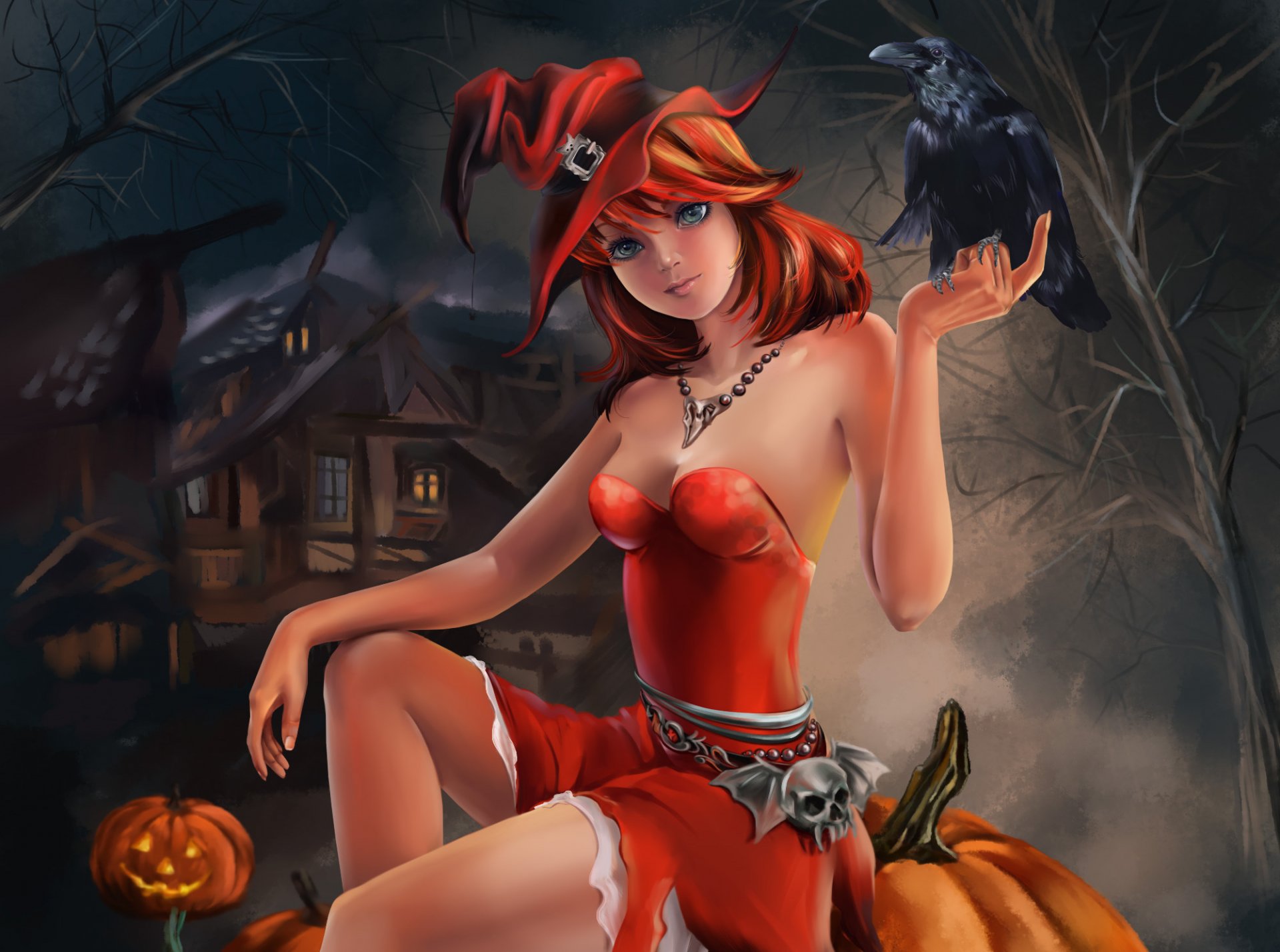 halloween holiday girl sitting pumpkin raven